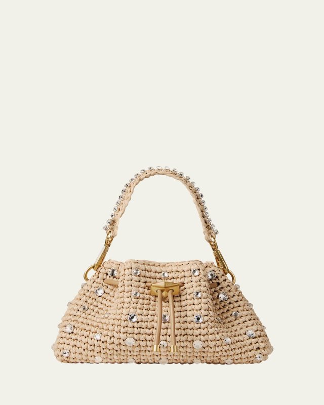 Cinch Small Crystal-Embellished Raffia Drawstring Top Handle Bag